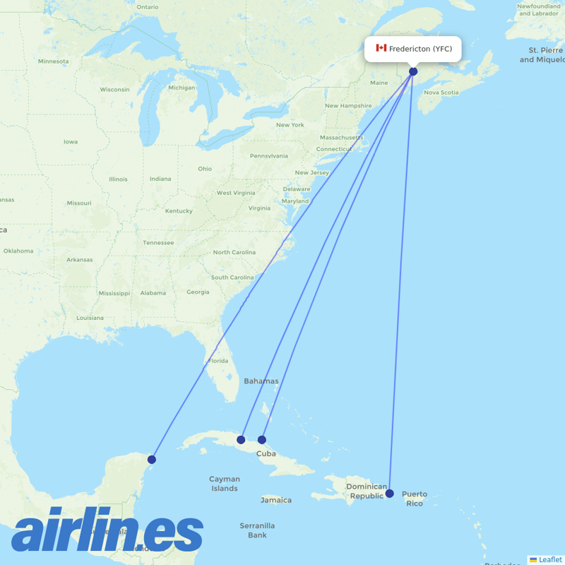 Sunwing Airlines from Fredericton destination map