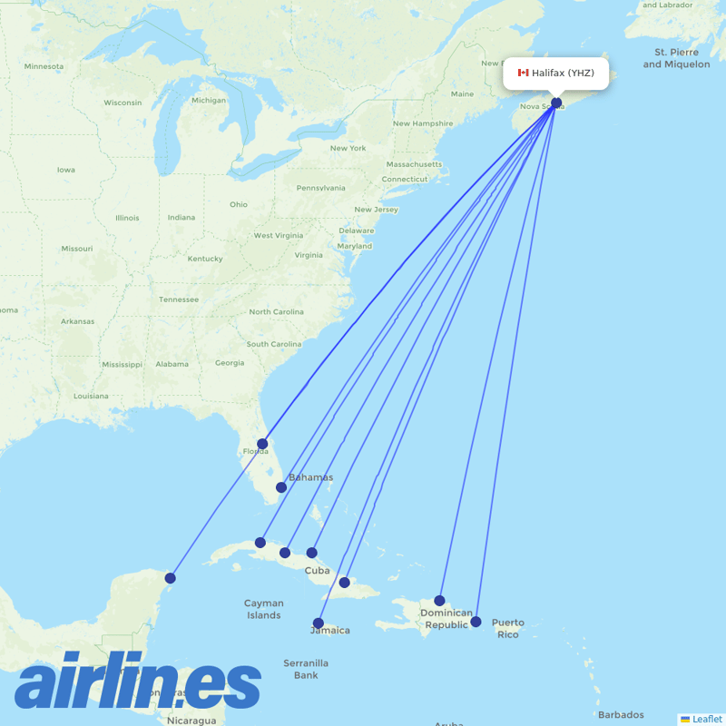 Air Transat from Halifax International destination map