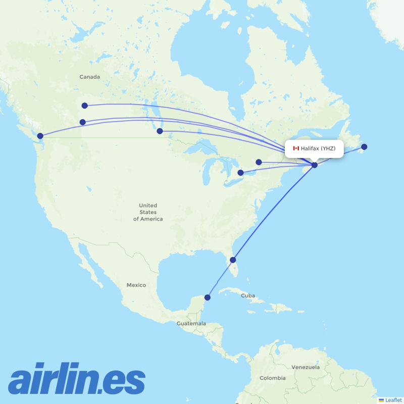 WestJet from Halifax International destination map
