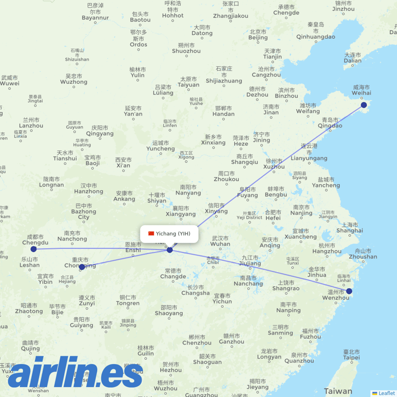 Chengdu Airlines from Yichang Airport destination map