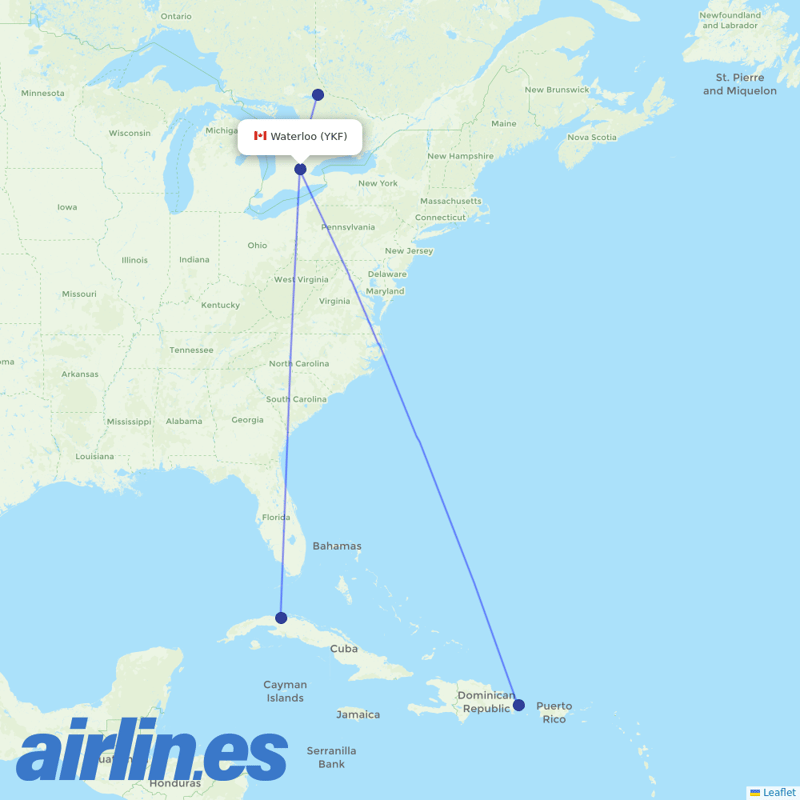 Sunwing Airlines from Waterloo Rgnl destination map