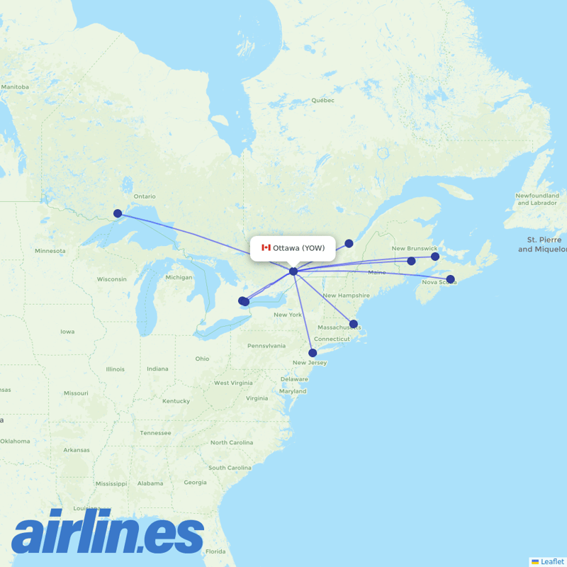 Porter Airlines from Ottawa Macdonald Cartier International destination map