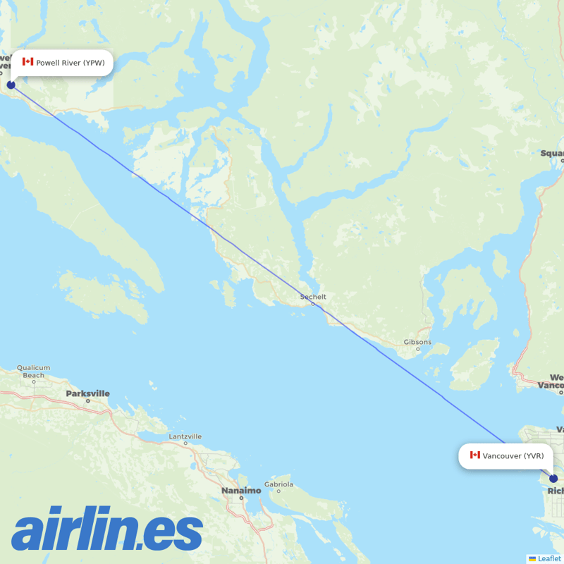 Pacific Coastal Airlines from Powell River Airport destination map