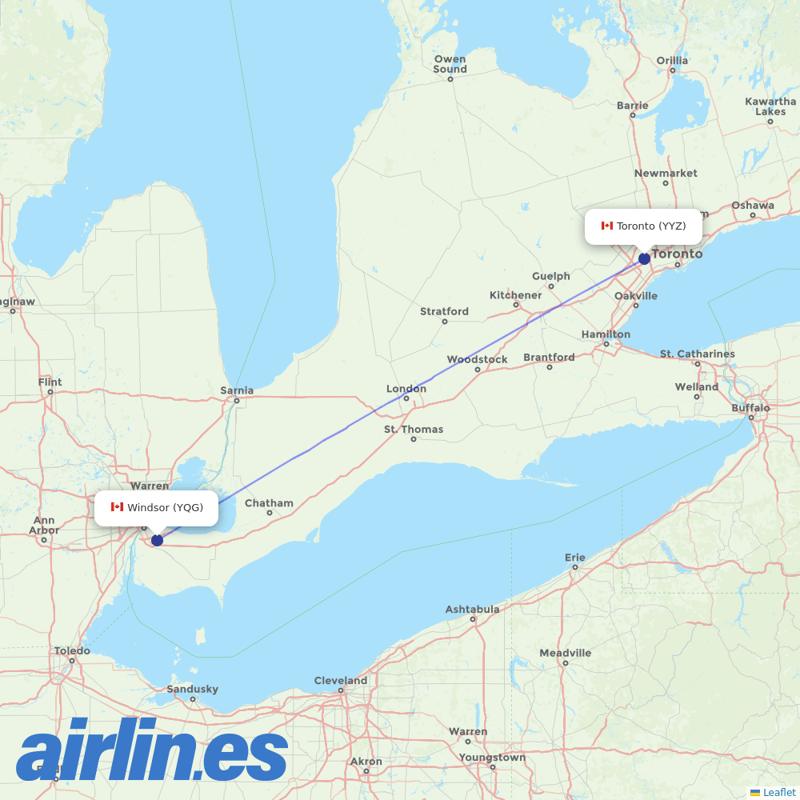 Air Canada from Windsor destination map