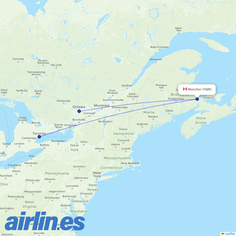 Porter Airlines from Greater Moncton International destination map