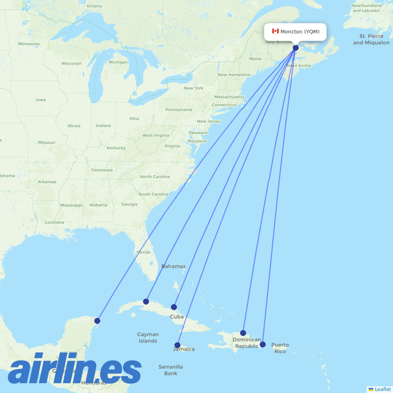 Sunwing Airlines from Greater Moncton International destination map