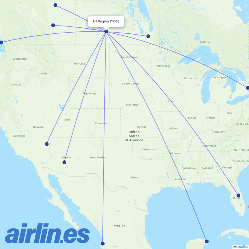 WestJet from Regina International destination map