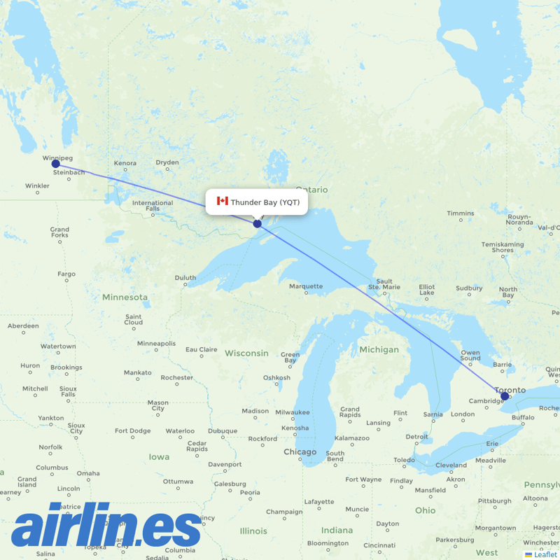 WestJet from Thunder Bay destination map