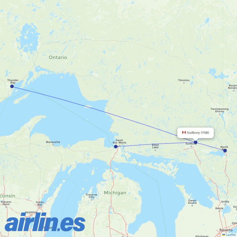 Bearskin Airlines from Sudbury destination map