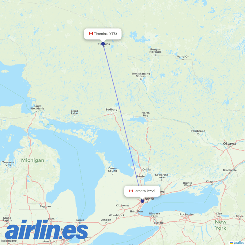 Air Canada from Timmins destination map