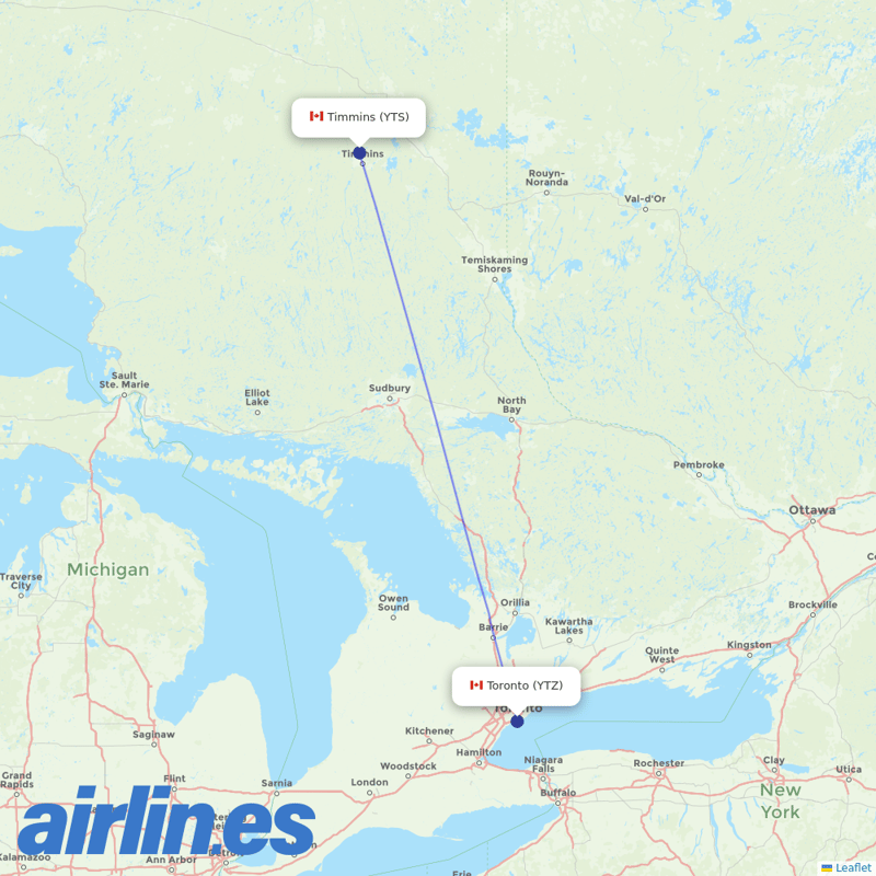 Porter Airlines from Timmins destination map