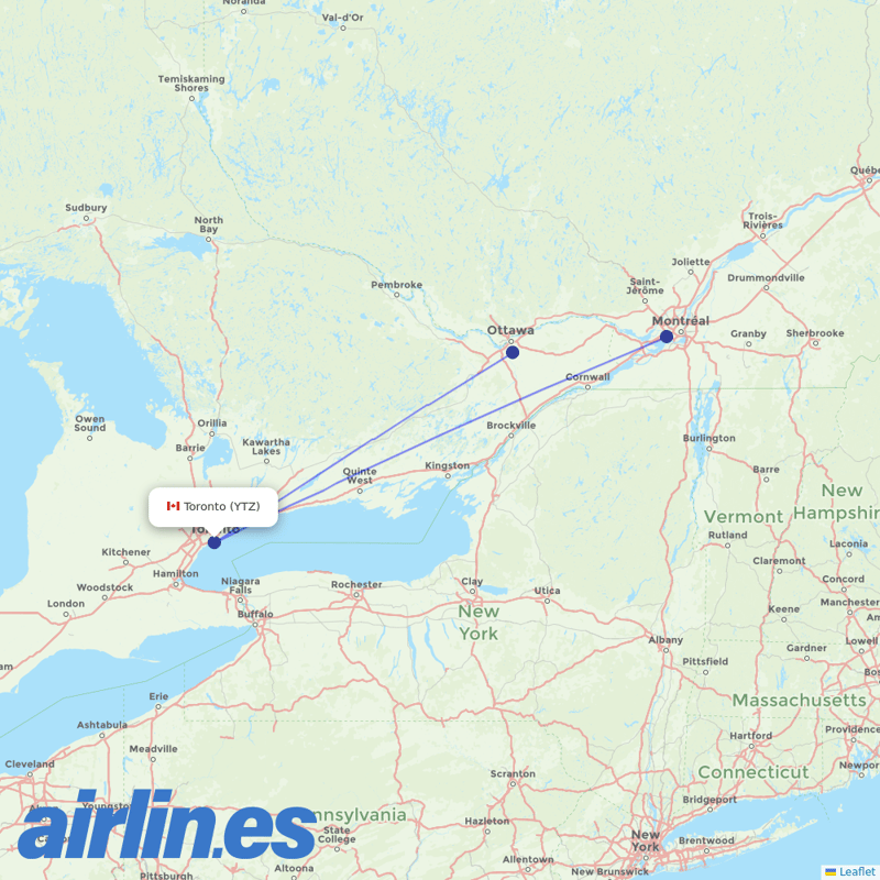 Air Canada from City Centre destination map