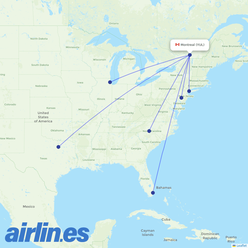 American Airlines from Pierre Elliott Trudeau International destination map