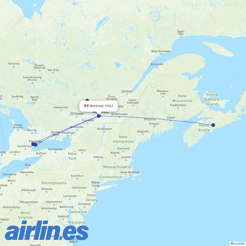 Porter Airlines from Pierre Elliott Trudeau International destination map