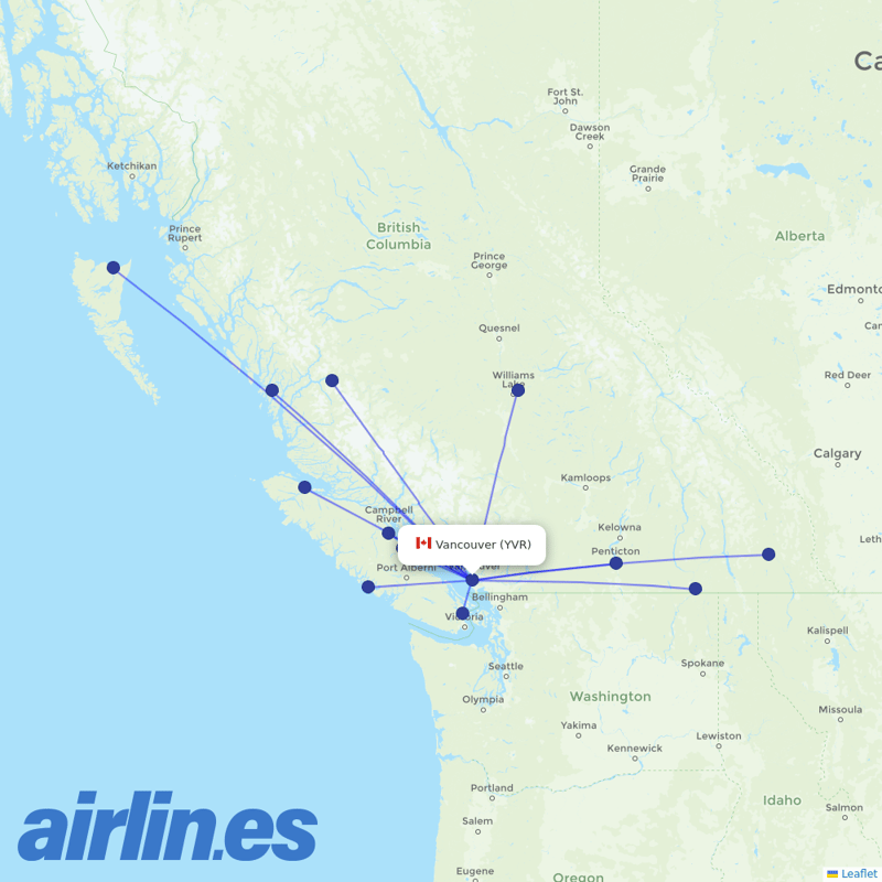 Pacific Coastal Airlines from Vancouver International Airport destination map