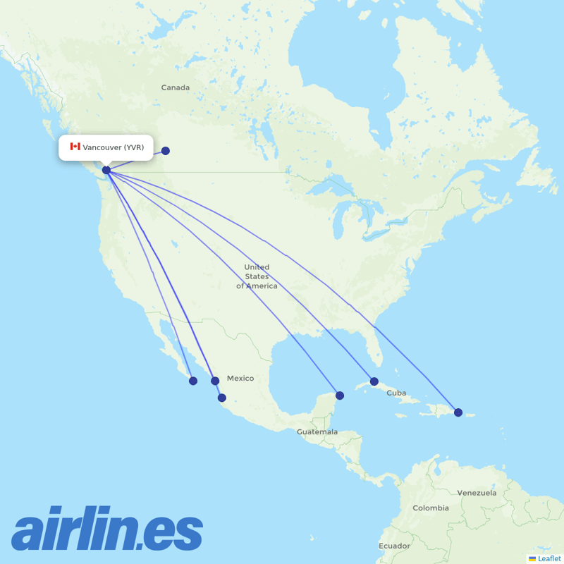 Sunwing Airlines from Vancouver International Airport destination map