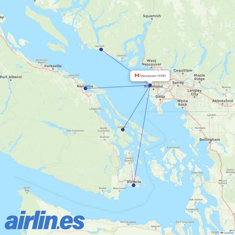 Harbour Air from Vancouver International Airport destination map