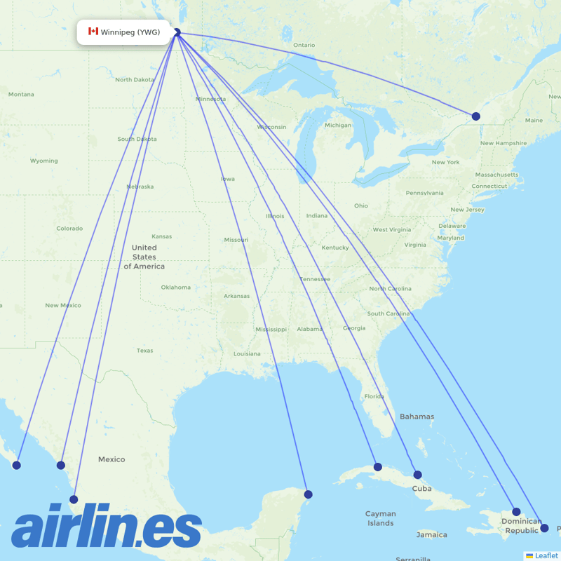 Sunwing Airlines from Winnipeg International destination map