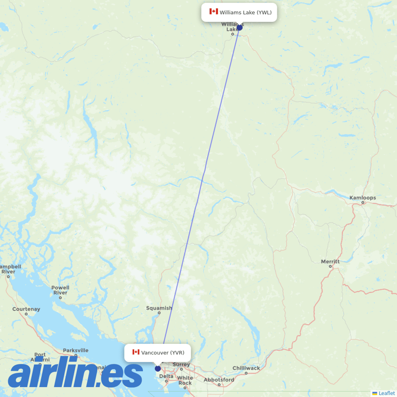 Pacific Coastal Airlines from Williams Lake destination map