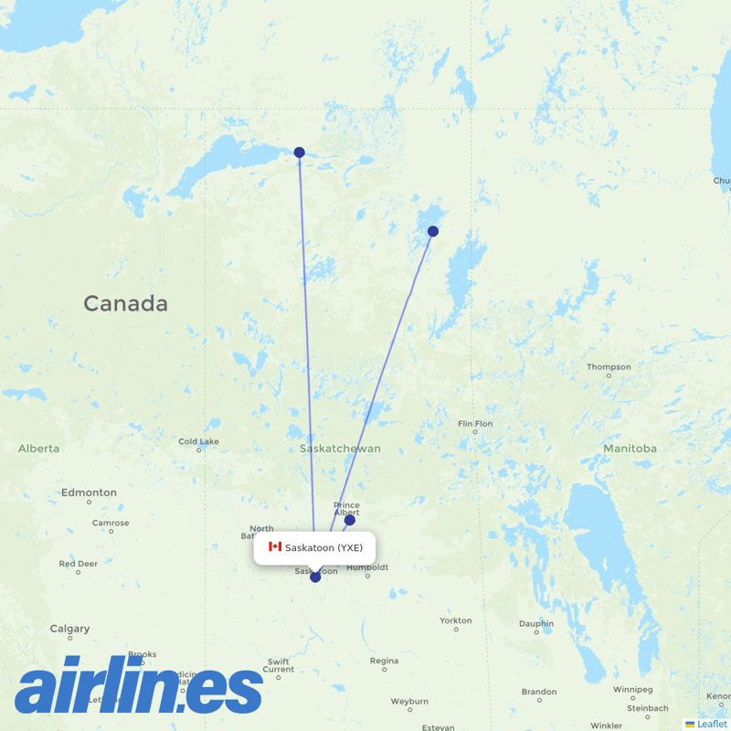 Transwest Air from Saskatoon J G Diefenbaker International destination map