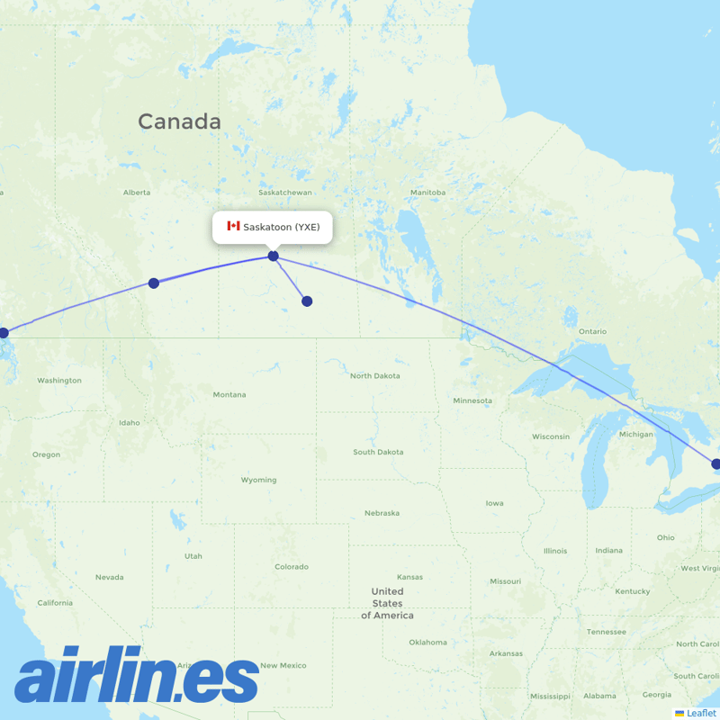 Air Canada from Saskatoon J G Diefenbaker International destination map