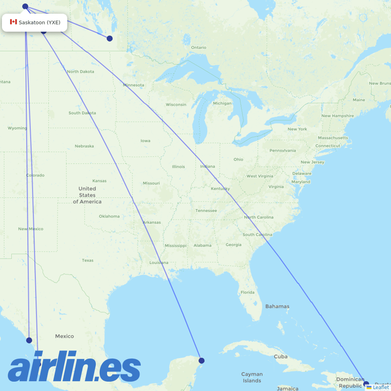 Sunwing Airlines from Saskatoon J G Diefenbaker International destination map