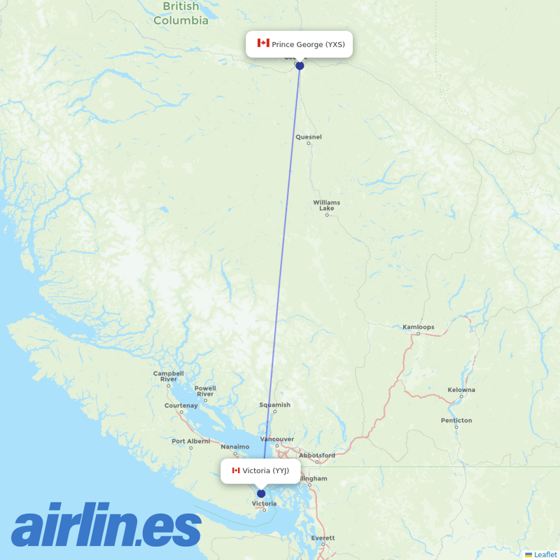 Pacific Coastal Airlines from Prince George destination map