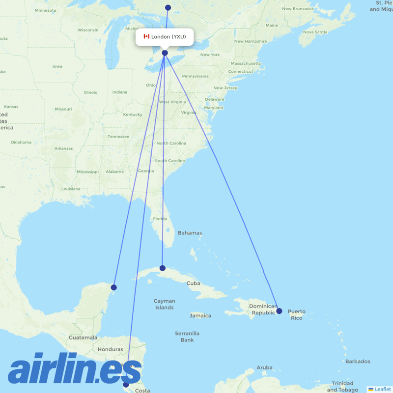 Sunwing Airlines from London destination map