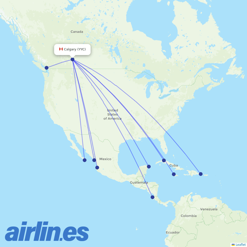 Sunwing Airlines from Calgary International destination map