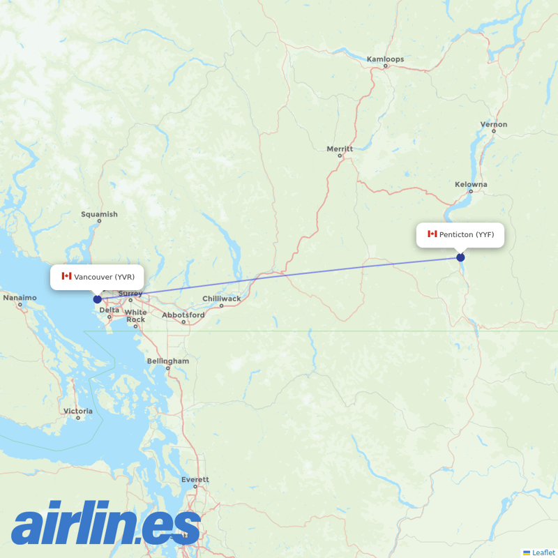 Pacific Coastal Airlines from Penticton destination map