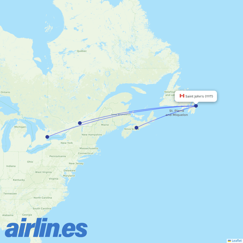Air Canada from St Johns International destination map