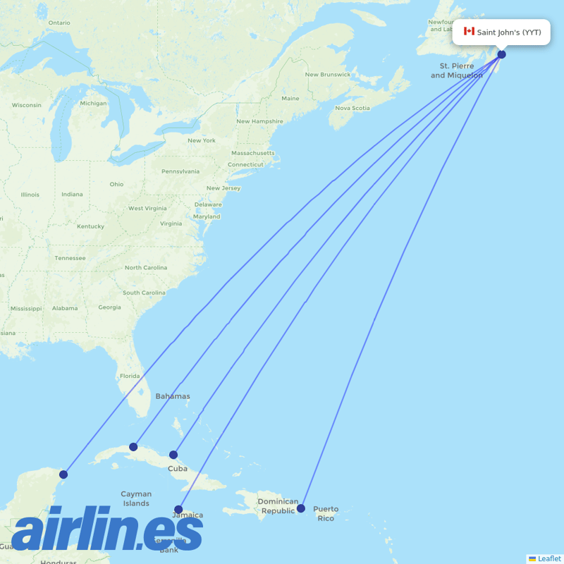 Sunwing Airlines from St Johns International destination map