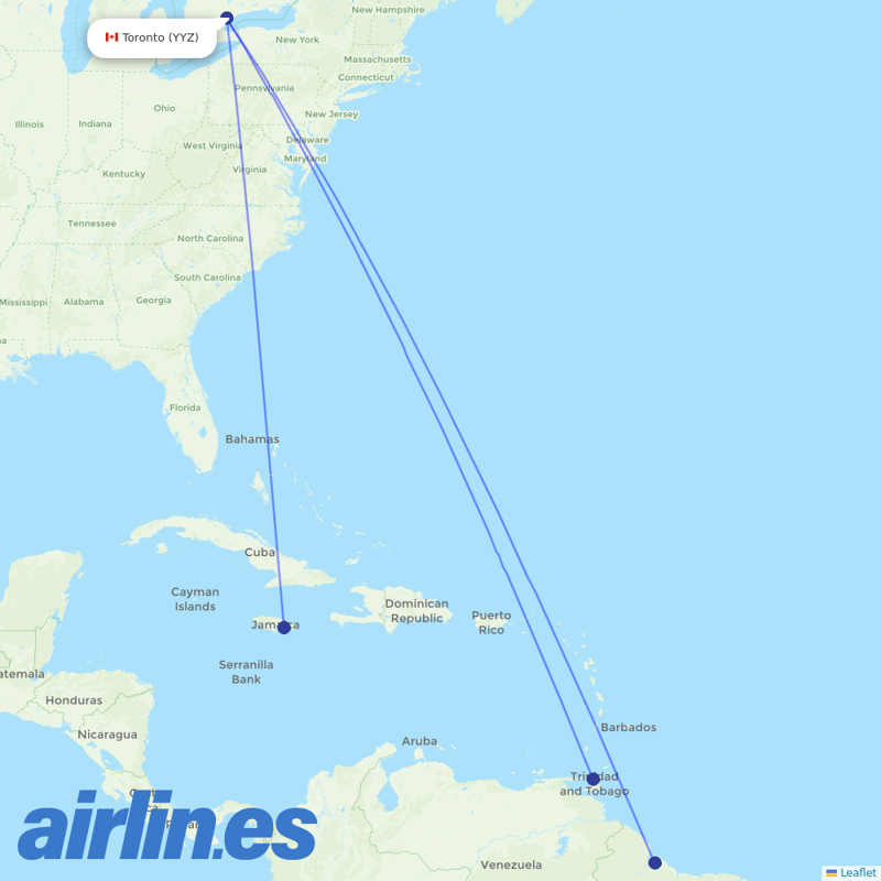 Caribbean Airlines from Pearson International destination map