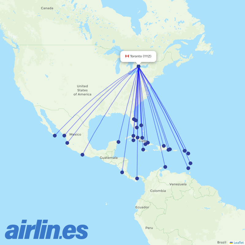 Sunwing Airlines from Pearson International destination map