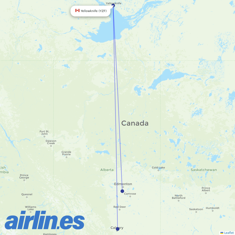 WestJet from Yellowknife destination map
