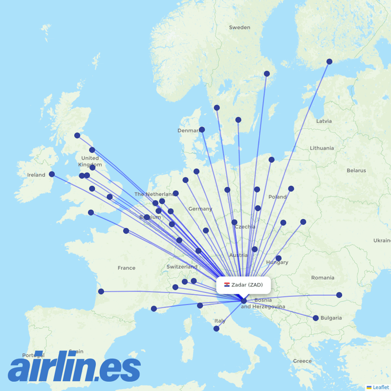 Ryanair from Zadar Airport destination map