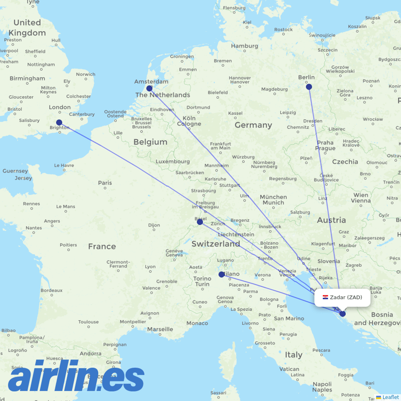 easyJet from Zadar Airport destination map