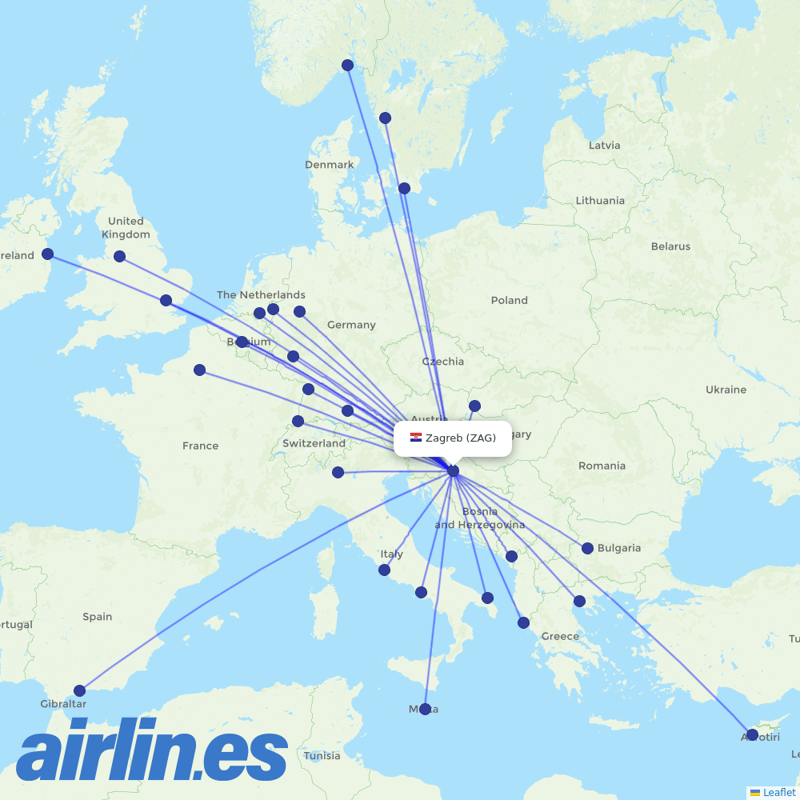 Ryanair from Zagreb Airport destination map