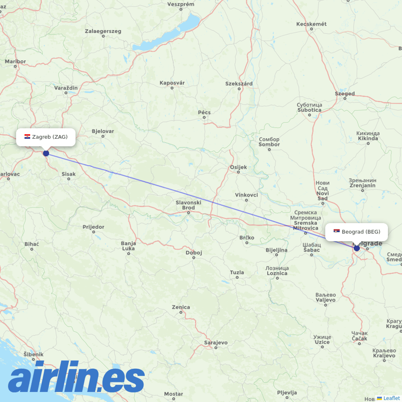 Air Serbia from Zagreb Airport destination map