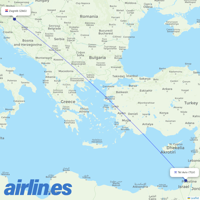 El Al from Zagreb Airport destination map