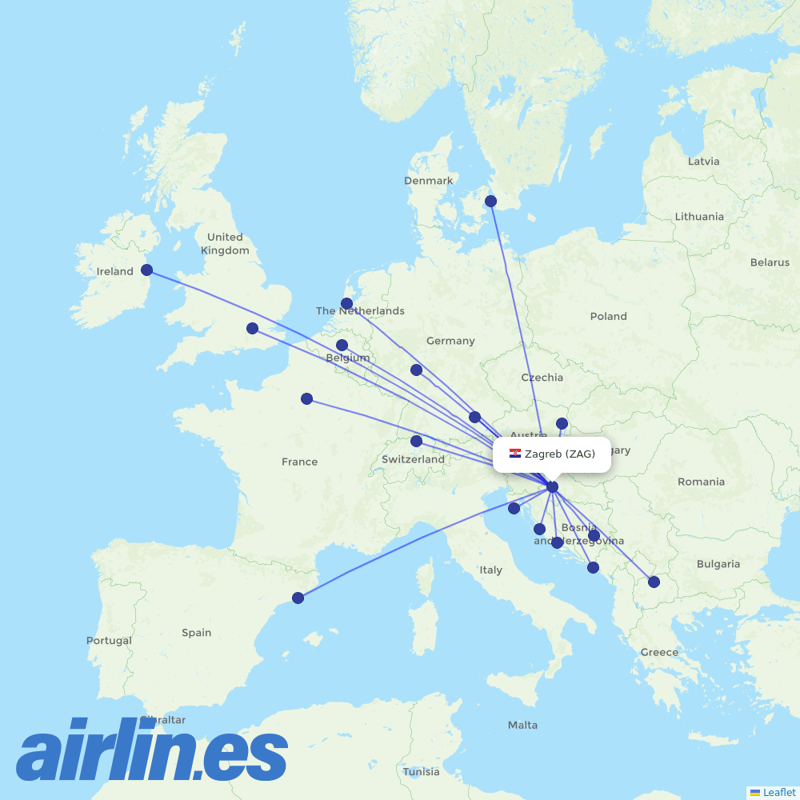 Croatia Airlines from Zagreb Airport destination map