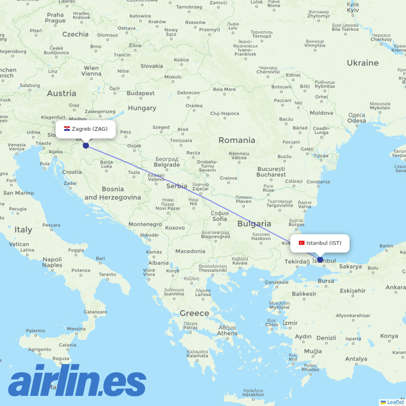 Turkish Airlines from Zagreb Airport destination map
