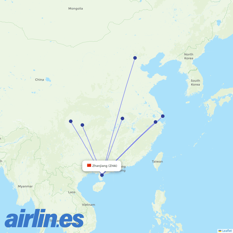 Air China from Zhanjiang Airport destination map