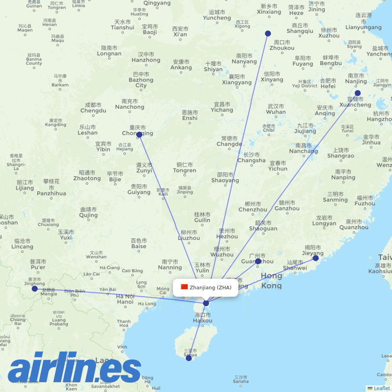 China Southern Airlines from Zhanjiang Airport destination map