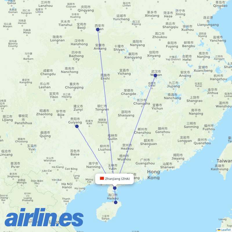 Tianjin Airlines from Zhanjiang Airport destination map