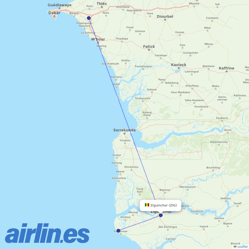 Air Senegal from Ziguinchor destination map
