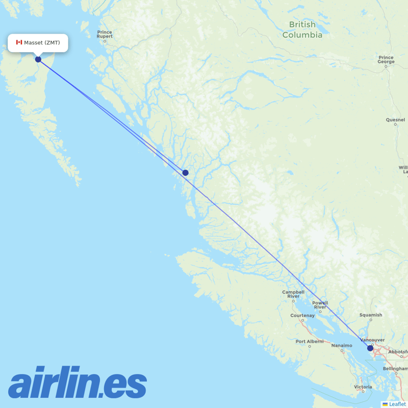Pacific Coastal Airlines from Masset Airport destination map