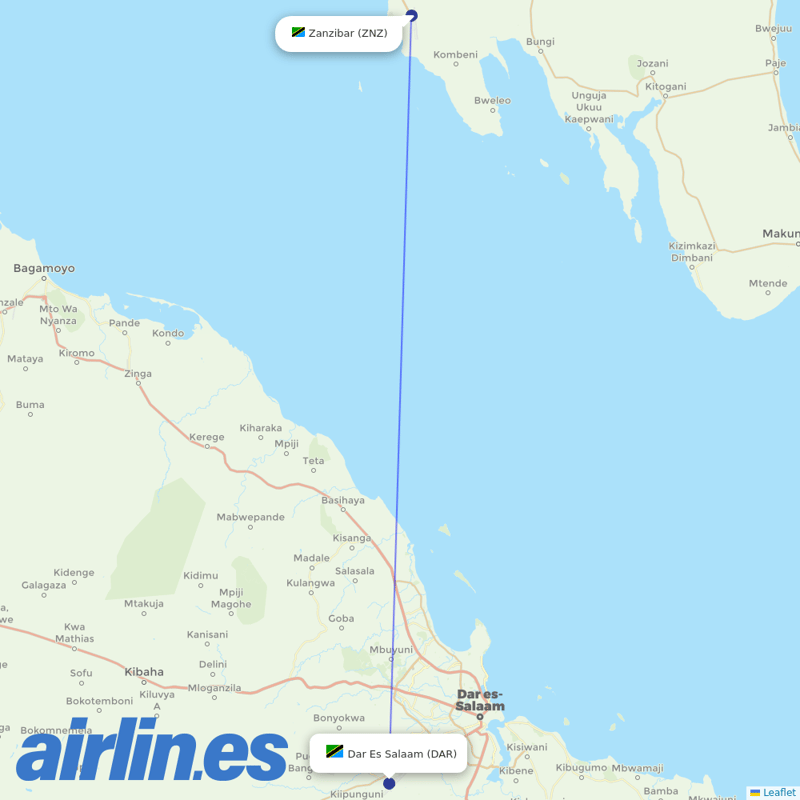 KLM from Zanzibar destination map