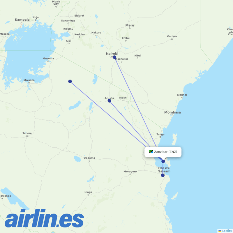 Precision Air from Zanzibar destination map