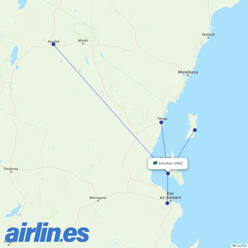 Auric Air from Zanzibar destination map